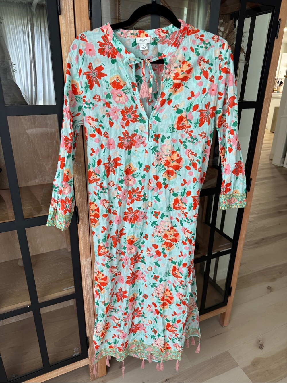 J. Crew maxi kaftan swim coverup Printed beach caftan tassels citron border mint